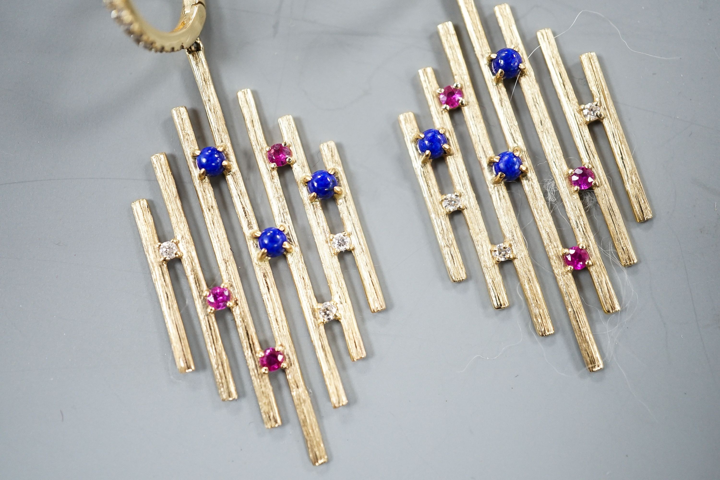 A pair of modern 585 yellow metal, ruby, lapis lazuli and diamond set Dynasty earrings, overall 48mm, gross weight 6.4 grams.